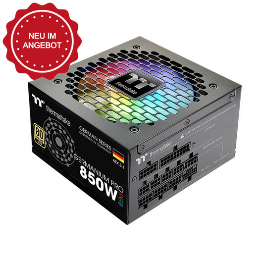 Das Germanium Pro RGB 850W Black ist ein 80 PLUS Gold-zertifiziertes PC-Netzteil (PSU) mit der Spezifikation ATX 3.1 und ist sogar mit einem nativen PCIe Gen 5.1 12+4-Pin-Anschluss ausgestatt.