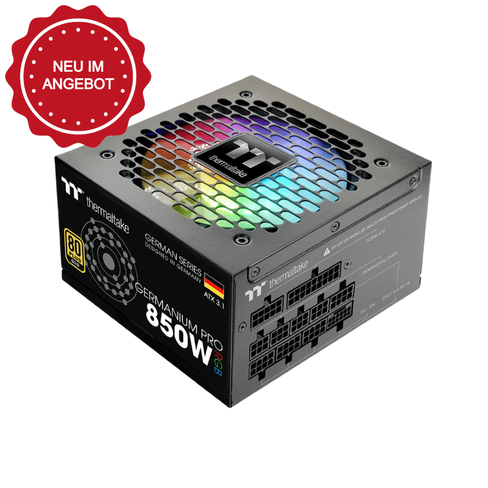 Das Germanium Pro RGB 850W Black ist ein 80 PLUS Gold-zertifiziertes PC-Netzteil (PSU) mit der Spezifikation ATX 3.1 und ist sogar mit einem nativen PCIe Gen 5.1 12+4-Pin-Anschluss ausgestatt.