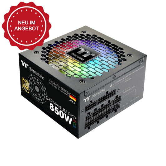 Das Germanium Pro RGB 850W Black ist ein 80 PLUS Gold-zertifiziertes PC-Netzteil (PSU) mit der Spezifikation ATX 3.1 und ist sogar mit einem nativen PCIe Gen 5.1 12+4-Pin-Anschluss ausgestatt.