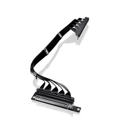 Das PCI-E 4.0 Dual 90 Degree Riser Kabel hat eine Länge von 400mm mit zwei 90-Grad-Steckern und EMI-Abschirmung in der Farbe Schwarz.