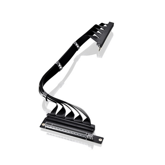 Das PCI-E 4.0 Dual 90 Degree Riser Kabel hat eine Länge von 400mm mit zwei 90-Grad-Steckern und EMI-Abschirmung in der Farbe Schwarz.