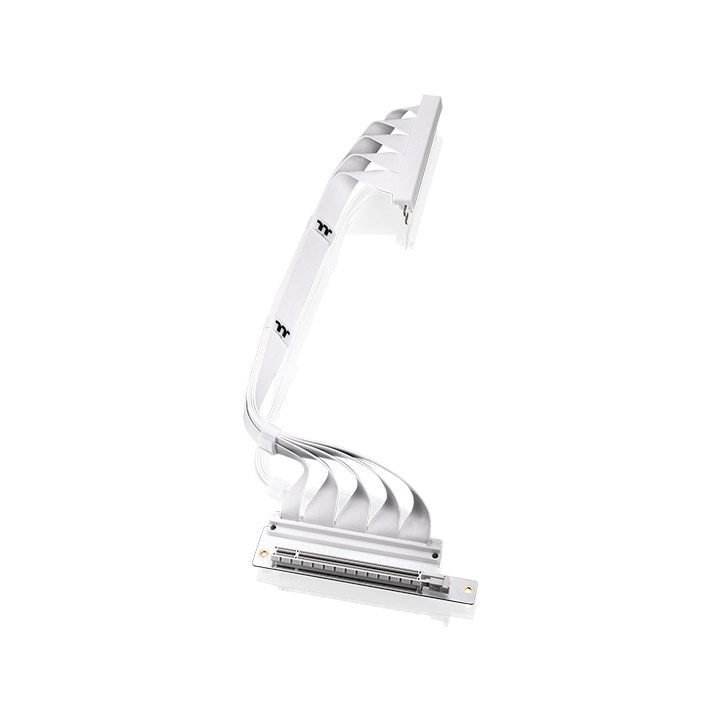 Das PCI-E 4.0 Dual 90 Degree Riser Kabel hat eine Länge von 400mm mit zwei 90-Grad-Steckern und EMI-Abschirmung in der Farbe Schneeweiß.