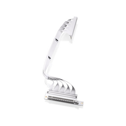 Das PCI-E 4.0 Dual 90 Degree Riser Kabel hat eine Länge von 400mm mit zwei 90-Grad-Steckern und EMI-Abschirmung in der Farbe Schneeweiß.