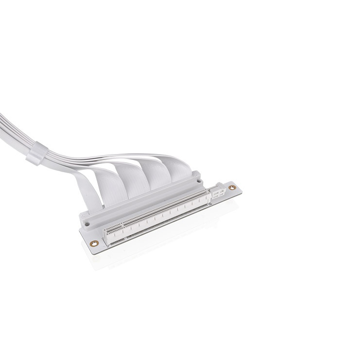 Das PCI-E 4.0 Dual 90 Degree Riser Kabel hat eine Länge von 400mm mit zwei 90-Grad-Steckern und EMI-Abschirmung in der Farbe Schneeweiß.