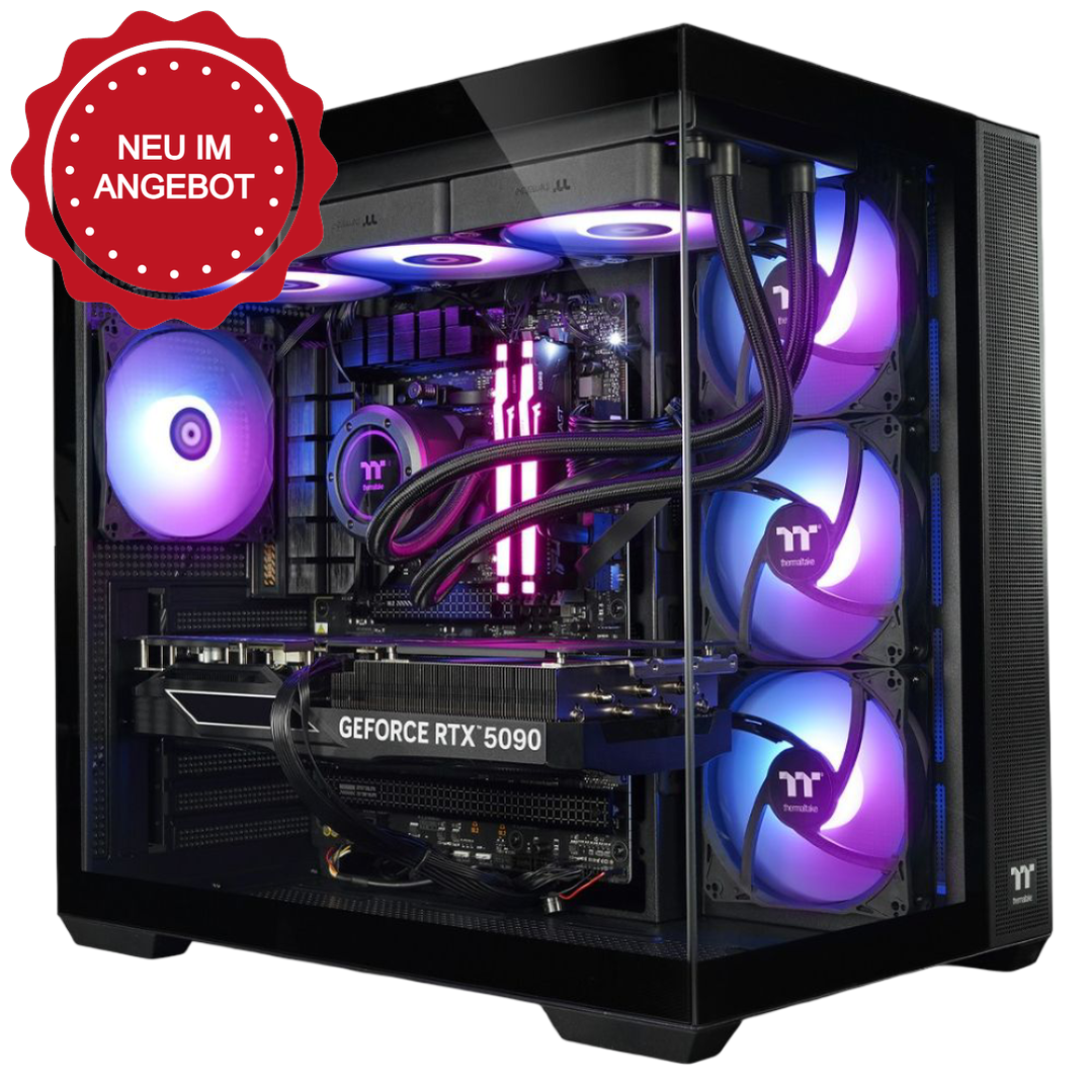 Der Purple Greatwyrms RTX 5090 Black LCGS Gaming PC ist ein absolutes Leistungsmonster mit Spitzenperformance. Ausgestattet mit einer Highend CPU dem AMD Ryzen™ 9 9950X3D, 64GB RAM und besten Grafikkarte der NVIDIA GeForce RTX 5090 mit 32GB GDDR7. Dazu gibt es noch die Thermaltake Spitzenhardware das Gehäuse View 380 TG ARGB, das ToughPower GT 1000W und die AIO TH360 V2 Black ARGB. Abgerundet wird das Angebot durch das ASUS TUF B650-Plus WiFi Mainboard, 2 TB M.2 Festplatte und Window 11.