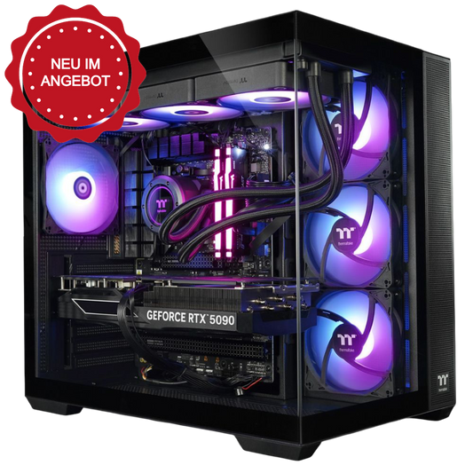 Der Purple Greatwyrms RTX 5090 Black LCGS Gaming PC ist ein absolutes Leistungsmonster mit Spitzenperformance. Ausgestattet mit einer Highend CPU dem AMD Ryzen™ 9 9950X3D, 64GB RAM und besten Grafikkarte der NVIDIA GeForce RTX 5090 mit 32GB GDDR7. Dazu gibt es noch die Thermaltake Spitzenhardware das Gehäuse View 380 TG ARGB, das ToughPower GT 1000W und die AIO TH360 V2 Black ARGB. Abgerundet wird das Angebot durch das ASUS TUF B650-Plus WiFi Mainboard, 2 TB M.2 Festplatte und Window 11.