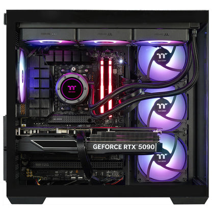 Der Purple Greatwyrms RTX 5090 Black LCGS Gaming PC ist ein absolutes Leistungsmonster mit Spitzenperformance. Ausgestattet mit einer Highend CPU dem AMD Ryzen™ 9 9950X3D, 64GB RAM und besten Grafikkarte der NVIDIA GeForce RTX 5090 mit 32GB GDDR7. Dazu gibt es noch die Thermaltake Spitzenhardware das Gehäuse View 380 TG ARGB, das ToughPower GT 1000W und die AIO TH360 V2 Black ARGB. Abgerundet wird das Angebot durch das ASUS TUF B650-Plus WiFi Mainboard, 2 TB M.2 Festplatte und Window 11.