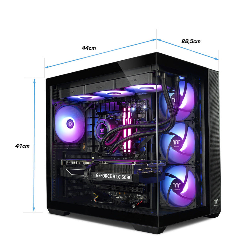 Der Purple Greatwyrms RTX 5090 Black LCGS Gaming PC ist ein absolutes Leistungsmonster mit Spitzenperformance. Ausgestattet mit einer Highend CPU dem AMD Ryzen™ 9 9950X3D, 64GB RAM und besten Grafikkarte der NVIDIA GeForce RTX 5090 mit 32GB GDDR7. Dazu gibt es noch die Thermaltake Spitzenhardware das Gehäuse View 380 TG ARGB, das ToughPower GT 1000W und die AIO TH360 V2 Black ARGB. Abgerundet wird das Angebot durch das ASUS TUF B650-Plus WiFi Mainboard, 2 TB M.2 Festplatte und Window 11.