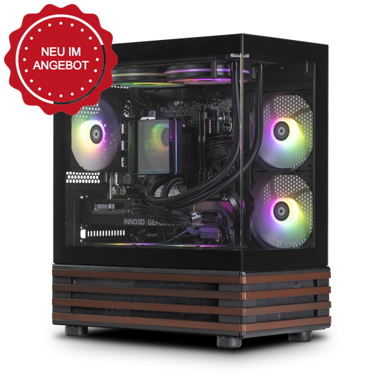 Quasit 5060 Black LCGS Gaming PC in der Untersicht mit View 170 WS Black Gehäuse, Panoramaglas, ARGB-Beleuchtung und Holzakzenten.