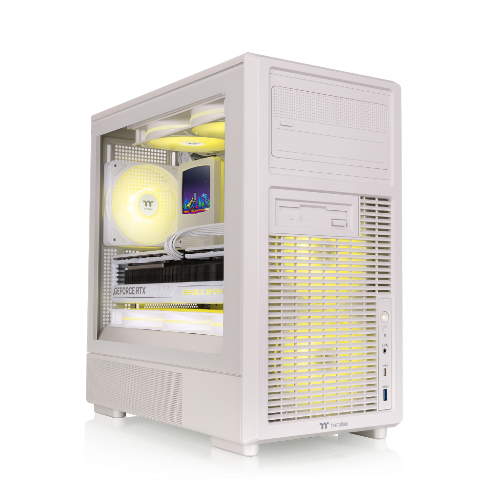 Beiges Micro-ATX Gaming-PC-Gehäuse im Retro-Design mit Vintage-Front, Tempered-Glass-Seitenfenster und klassischer PC-Optik.