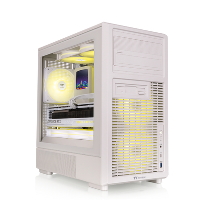Beiges Micro-ATX Gaming-PC-Gehäuse im Retro-Design mit Vintage-Front, Tempered-Glass-Seitenfenster und klassischer PC-Optik.
