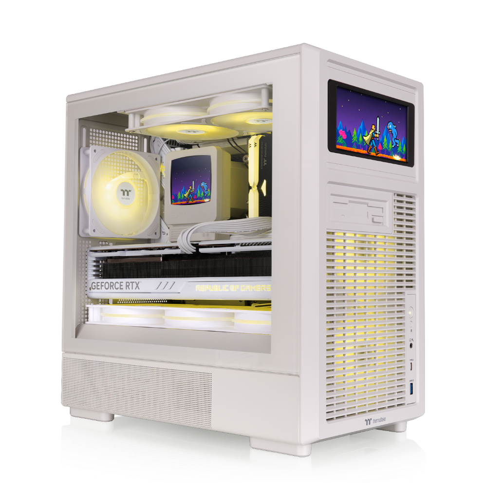 Beiges Micro-ATX Gaming-PC-Gehäuse im Retro-Design mit Vintage-Front, Tempered-Glass-Seitenfenster und klassischer PC-Optik.