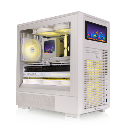 Beiges Micro-ATX Gaming-PC-Gehäuse im Retro-Design mit Vintage-Front, Tempered-Glass-Seitenfenster und klassischer PC-Optik.