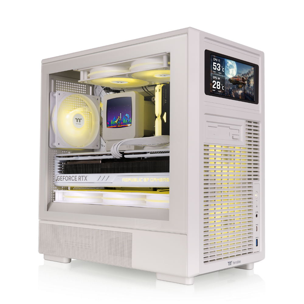 Beiges Micro-ATX Gaming-PC-Gehäuse im Retro-Design mit Vintage-Front, Tempered-Glass-Seitenfenster und klassischer PC-Optik.