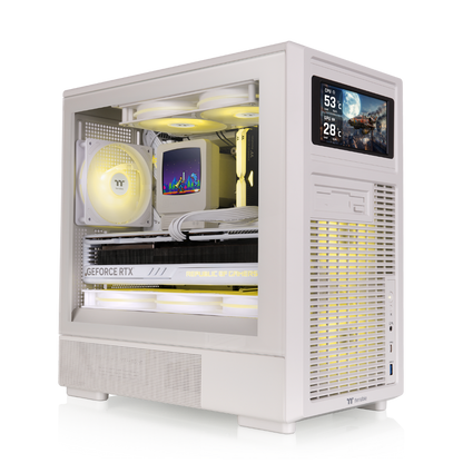 Beiges Micro-ATX Gaming-PC-Gehäuse im Retro-Design mit Vintage-Front, Tempered-Glass-Seitenfenster und klassischer PC-Optik.