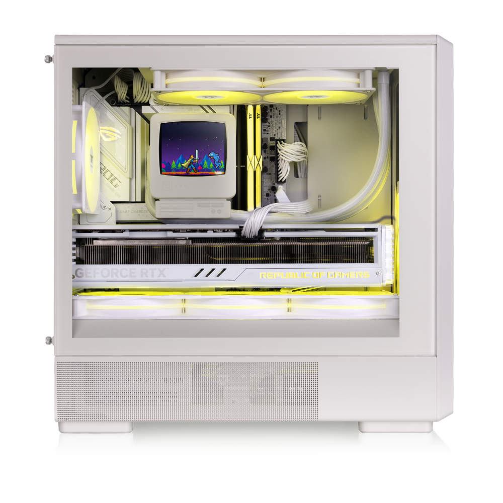 Beiges Micro-ATX Gaming-PC-Gehäuse im Retro-Design mit Vintage-Front, Tempered-Glass-Seitenfenster und klassischer PC-Optik.