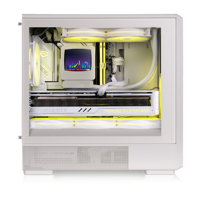 Beiges Micro-ATX Gaming-PC-Gehäuse im Retro-Design mit Vintage-Front, Tempered-Glass-Seitenfenster und klassischer PC-Optik.