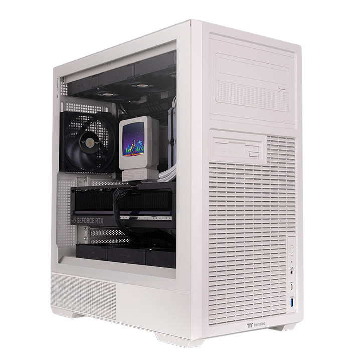 ATX PC-Gehäuse in Beige mit Retro-Design, Vintage-Front, Tempered-Glass-Seitenfenster und klassischer Desktop-Optik für Gaming-PCs