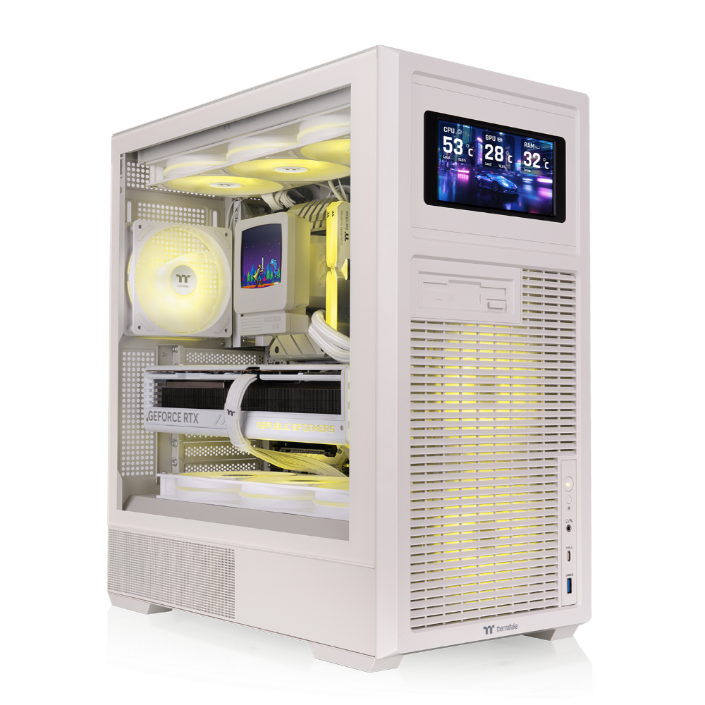 ATX PC-Gehäuse in Beige mit Retro-Design, Vintage-Front, Tempered-Glass-Seitenfenster und klassischer Desktop-Optik für Gaming-PCs