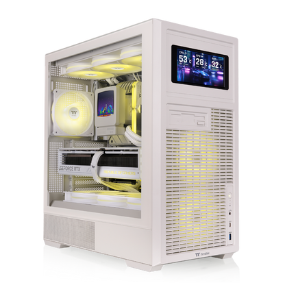 ATX PC-Gehäuse in Beige mit Retro-Design, Vintage-Front, Tempered-Glass-Seitenfenster und klassischer Desktop-Optik für Gaming-PCs