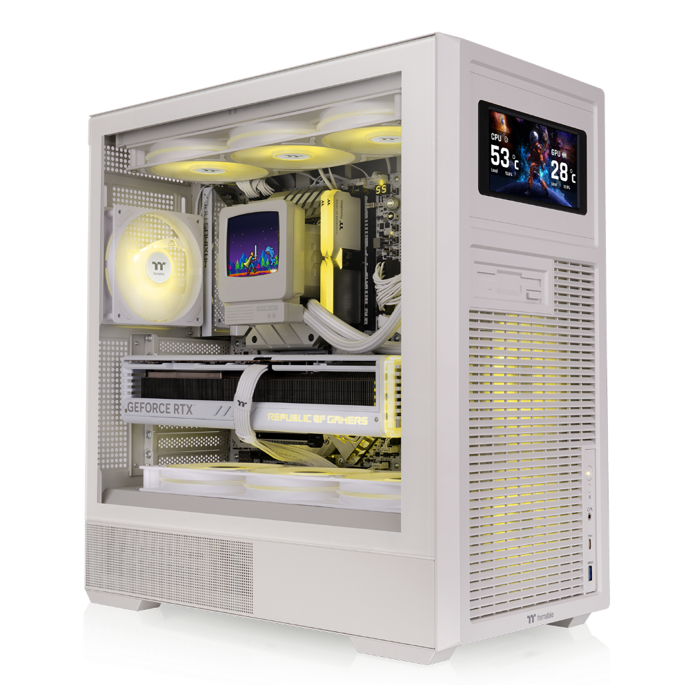 ATX PC-Gehäuse in Beige mit Retro-Design, Vintage-Front, Tempered-Glass-Seitenfenster und klassischer Desktop-Optik für Gaming-PCs