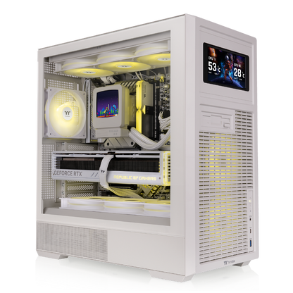 ATX PC-Gehäuse in Beige mit Retro-Design, Vintage-Front, Tempered-Glass-Seitenfenster und klassischer Desktop-Optik für Gaming-PCs