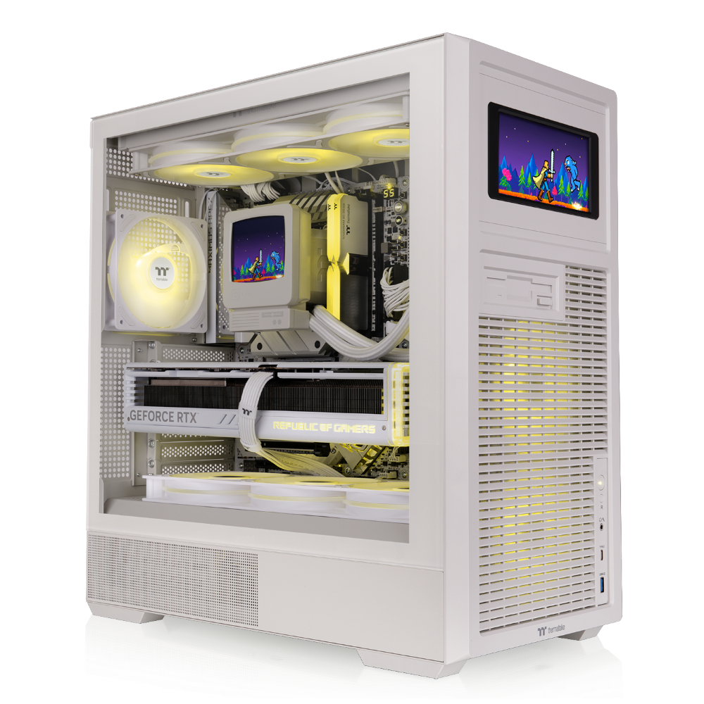 ATX PC-Gehäuse in Beige mit Retro-Design, Vintage-Front, Tempered-Glass-Seitenfenster und klassischer Desktop-Optik für Gaming-PCs
