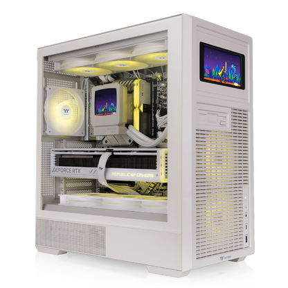 ATX PC-Gehäuse in Beige mit Retro-Design, Vintage-Front, Tempered-Glass-Seitenfenster und klassischer Desktop-Optik für Gaming-PCs