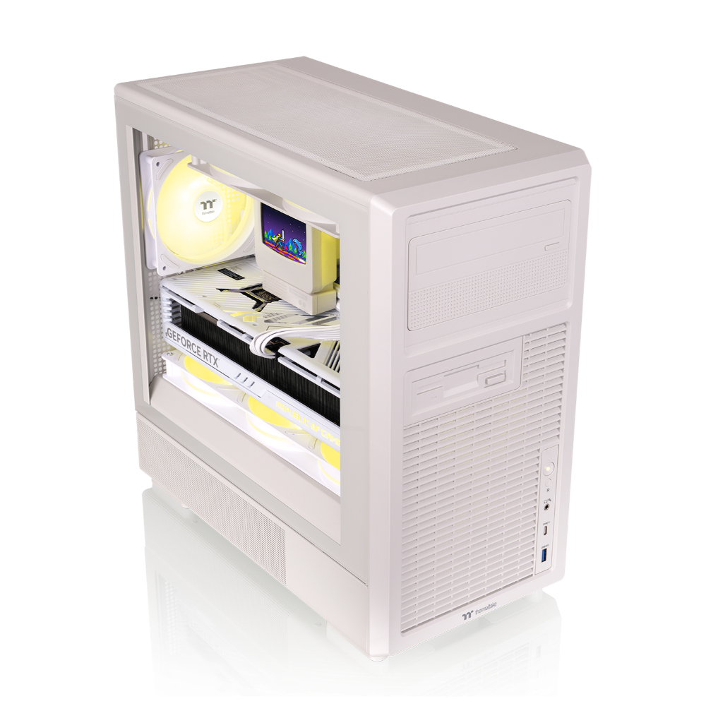 ATX PC-Gehäuse in Beige mit Retro-Design, Vintage-Front, Tempered-Glass-Seitenfenster und klassischer Desktop-Optik für Gaming-PCs