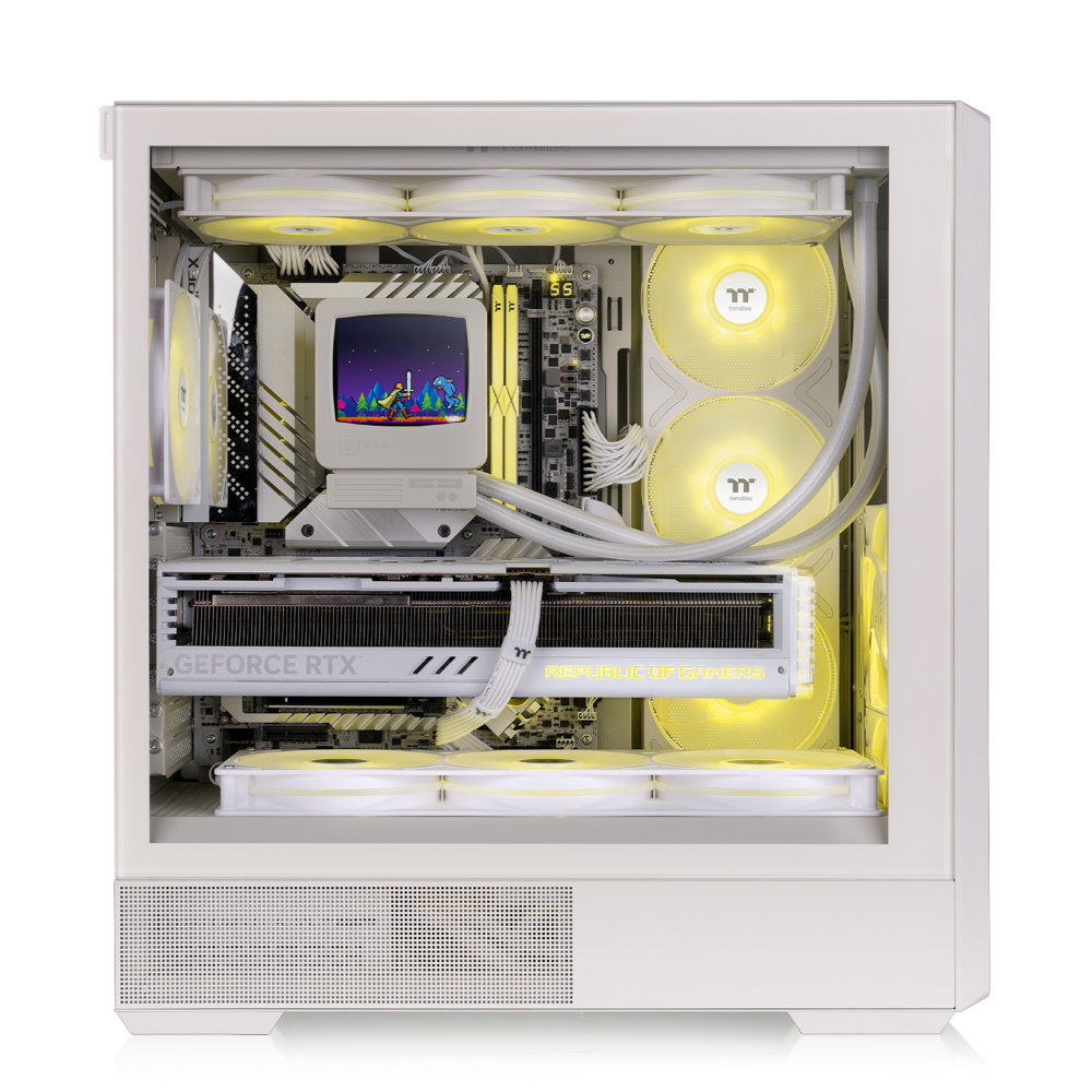 ATX PC-Gehäuse in Beige mit Retro-Design, Vintage-Front, Tempered-Glass-Seitenfenster und klassischer Desktop-Optik für Gaming-PCs