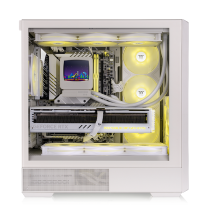 ATX PC-Gehäuse in Beige mit Retro-Design, Vintage-Front, Tempered-Glass-Seitenfenster und klassischer Desktop-Optik für Gaming-PCs