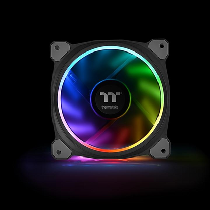 Thermaltake Riing Plus 140mm PC-Lüfter mit schwarzem Rahmen und leuchtendem, mehrfarbigem RGB-LED-Ring.