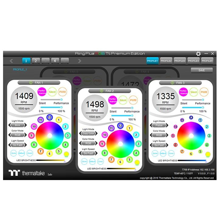 Thermaltake Riing Plus RGB Software-Oberfläche zur Steuerung von Lüfterdrehzahl und individuellen Lichteffekten.