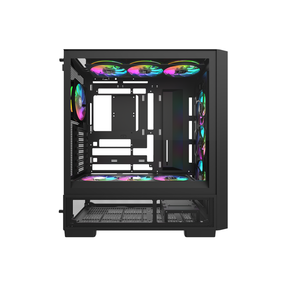 Das S380 TG ARGB Black ATX Mid  Gehäuse ist mit einem SF360 ARGB PWM Reverse-Lüfter auf der Netzteilabdeckung und einem vorinstallierten SF120 ARGB PWM-Lüfter ausgestattet. Es unterstützt Hidden-Connector Motherboards und hat eine GPU Halterung. Mit seinem Modularen Design besitzt es auch einen guten Staubschutz und an hervorragend Erweitert werden.