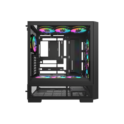 Das S380 TG ARGB Black ATX Mid  Gehäuse ist mit einem SF360 ARGB PWM Reverse-Lüfter auf der Netzteilabdeckung und einem vorinstallierten SF120 ARGB PWM-Lüfter ausgestattet. Es unterstützt Hidden-Connector Motherboards und hat eine GPU Halterung. Mit seinem Modularen Design besitzt es auch einen guten Staubschutz und an hervorragend Erweitert werden.