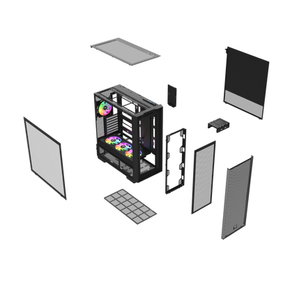 Das S380 TG ARGB Black ATX Mid  Gehäuse ist mit einem SF360 ARGB PWM Reverse-Lüfter auf der Netzteilabdeckung und einem vorinstallierten SF120 ARGB PWM-Lüfter ausgestattet. Es unterstützt Hidden-Connector Motherboards und hat eine GPU Halterung. Mit seinem Modularen Design besitzt es auch einen guten Staubschutz und an hervorragend Erweitert werden.