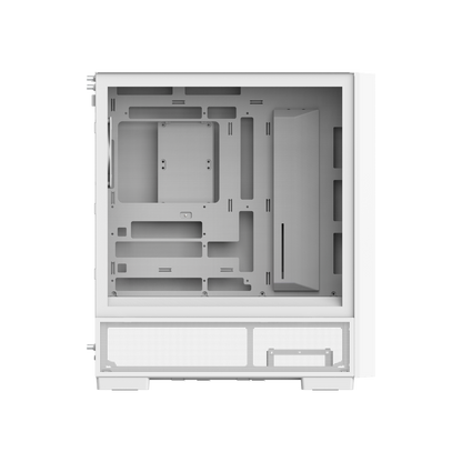 Das S380 TG ARGB Snow White ATX Mid  Gehäuse ist mit einem SF360 ARGB PWM Reverse-Lüfter auf der Netzteilabdeckung und einem vorinstallierten SF120 ARGB PWM-Lüfter ausgestattet. Es unterstützt Hidden-Connector Motherboards und hat eine GPU Halterung. Mit seinem Modularen Design besitzt es auch einen guten Staubschutz und an hervorragend Erweitert werden.