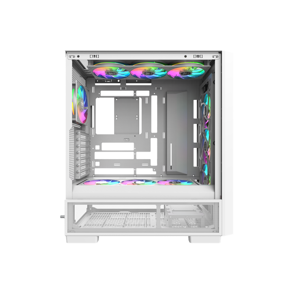 Das S380 TG ARGB Snow White ATX Mid  Gehäuse ist mit einem SF360 ARGB PWM Reverse-Lüfter auf der Netzteilabdeckung und einem vorinstallierten SF120 ARGB PWM-Lüfter ausgestattet. Es unterstützt Hidden-Connector Motherboards und hat eine GPU Halterung. Mit seinem Modularen Design besitzt es auch einen guten Staubschutz und an hervorragend Erweitert werden.