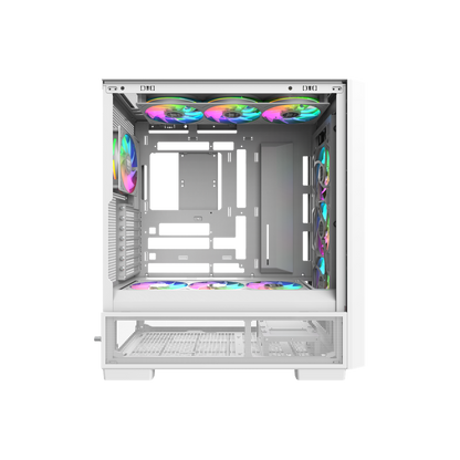 Das S380 TG ARGB Snow White ATX Mid  Gehäuse ist mit einem SF360 ARGB PWM Reverse-Lüfter auf der Netzteilabdeckung und einem vorinstallierten SF120 ARGB PWM-Lüfter ausgestattet. Es unterstützt Hidden-Connector Motherboards und hat eine GPU Halterung. Mit seinem Modularen Design besitzt es auch einen guten Staubschutz und an hervorragend Erweitert werden.