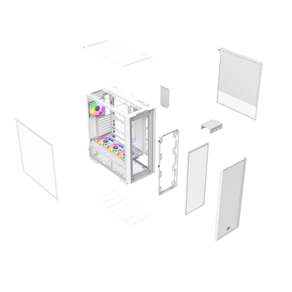 Das S380 TG ARGB Snow White ATX Mid  Gehäuse ist mit einem SF360 ARGB PWM Reverse-Lüfter auf der Netzteilabdeckung und einem vorinstallierten SF120 ARGB PWM-Lüfter ausgestattet. Es unterstützt Hidden-Connector Motherboards und hat eine GPU Halterung. Mit seinem Modularen Design besitzt es auch einen guten Staubschutz und an hervorragend Erweitert werden.