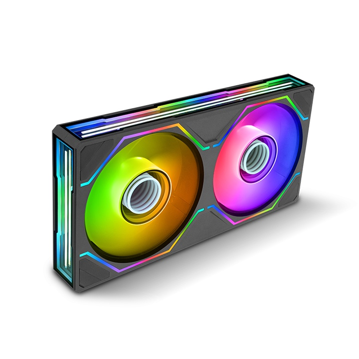 Schwarzer SWAFAN 240 UNIFY ARGB Gehäuselüfter mit zwei 120-mm-Lüftern, Infinity-Mirror-Beleuchtung und Single-Frame-Design.