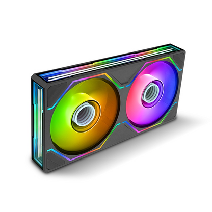 Schwarzer SWAFAN 240 UNIFY ARGB Gehäuselüfter mit zwei 120-mm-Lüftern, Infinity-Mirror-Beleuchtung und Single-Frame-Design.