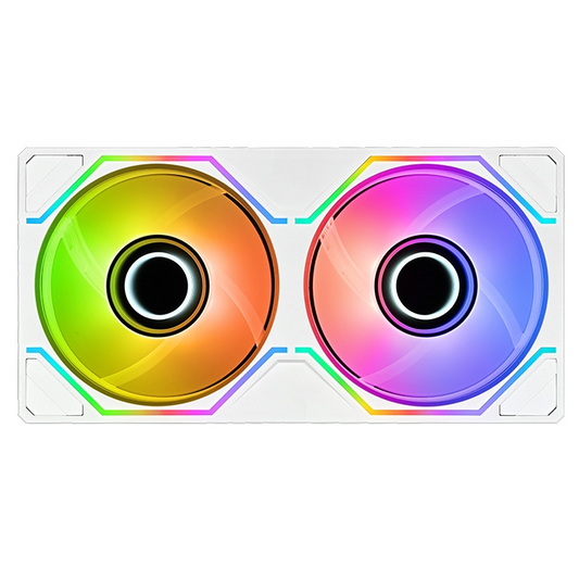 Weißes SWAFAN 240 UNIFY 2-Pack mit zwei 120-mm-Lüftern, Infinity-Mirror-Effekt und lebendiger ARGB-Beleuchtung im Single-Frame.