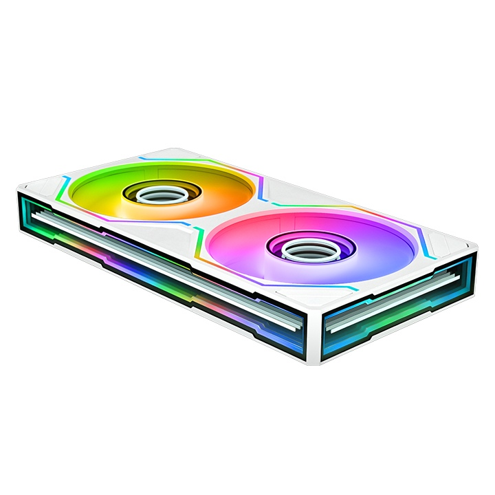 Weißer SWAFAN 240 UNIFY 240mm Gehäuselüfter mit ARGB-Beleuchtung, Infinity-Mirror-Design und zwei verbundenen 120mm-Lüftern.