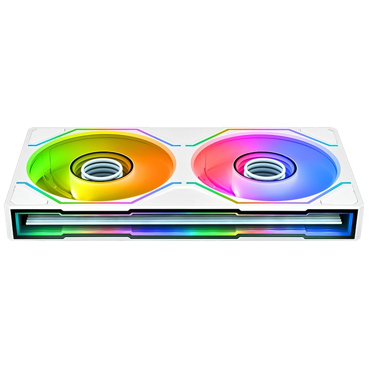 Weißer SWAFAN 240 UNIFY ARGB Gehäuselüfter im 2-Pack mit Infinity Mirror Beleuchtung und durchgängigem Single-Frame-Design.