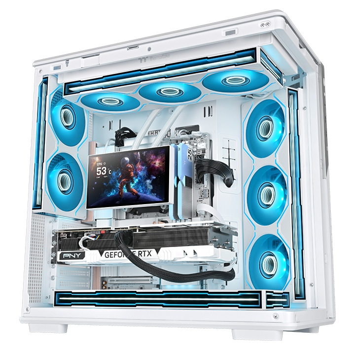 Weißes PC-Gehäuse mit SWAFAN 240 UNIFY ARGB-Lüftern, Infinity Mirror Lighting und leuchtend blauer LED-Beleuchtung.