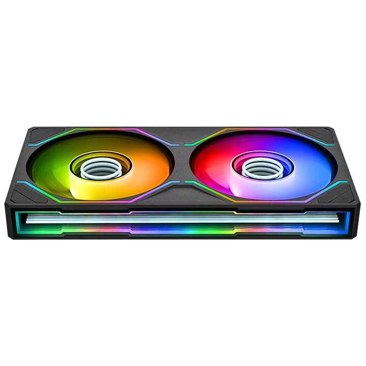 Schwarzer SWAFAN 240 UNIFY ARGB Gehäuselüfter mit zwei 120-mm-Lüftern, Infinity Mirror Beleuchtung und Single-Frame-Design.
