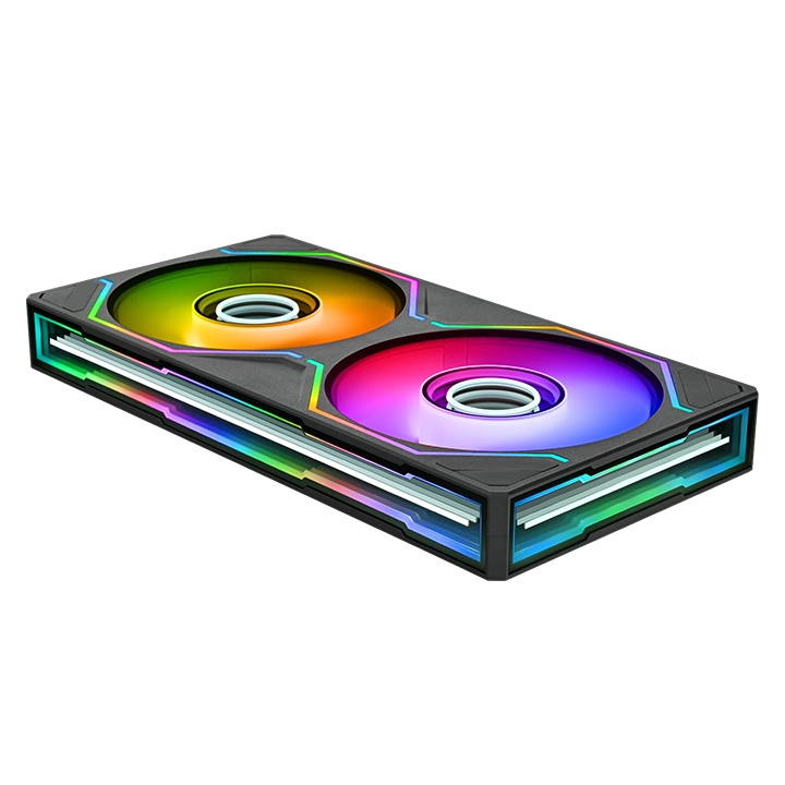 SWAFAN 240 UNIFY ARGB Gehäuselüfter im schwarzen Single-Frame-Design mit leuchtenden Infinity-Mirror-Effekten.