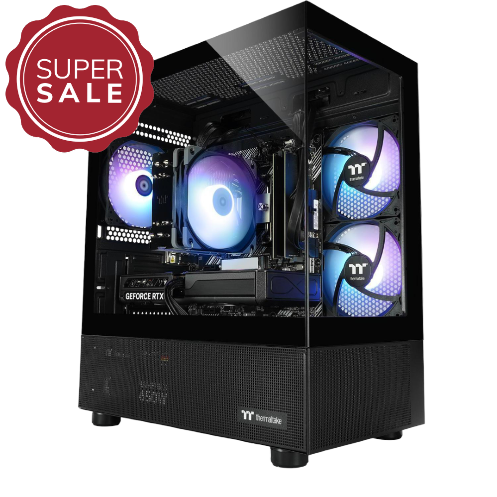 Sonderangebot Gaming PC Blue Mephits 5060 Black mit Ryzen 7 5700X, 16 GB DDR4-3200MHz, 500 GB M.2 SSD und dem Thermaltake View 170 TG ARGB PC Gehäuse.