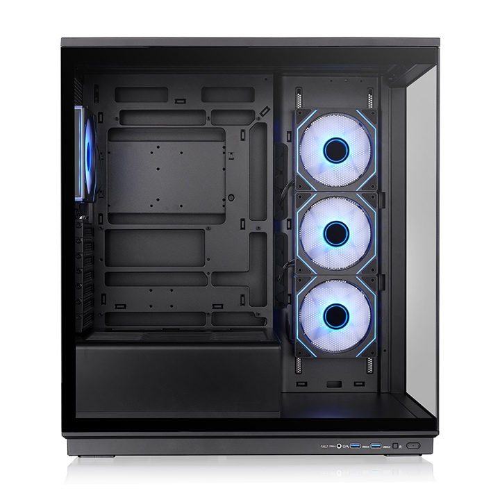 Schwarzes Stage 450 TG ARGB PC-Gehäuse mit Tempered Glass, drei beleuchteten Infinity-Lüftern und Hidden-Connector-Support.